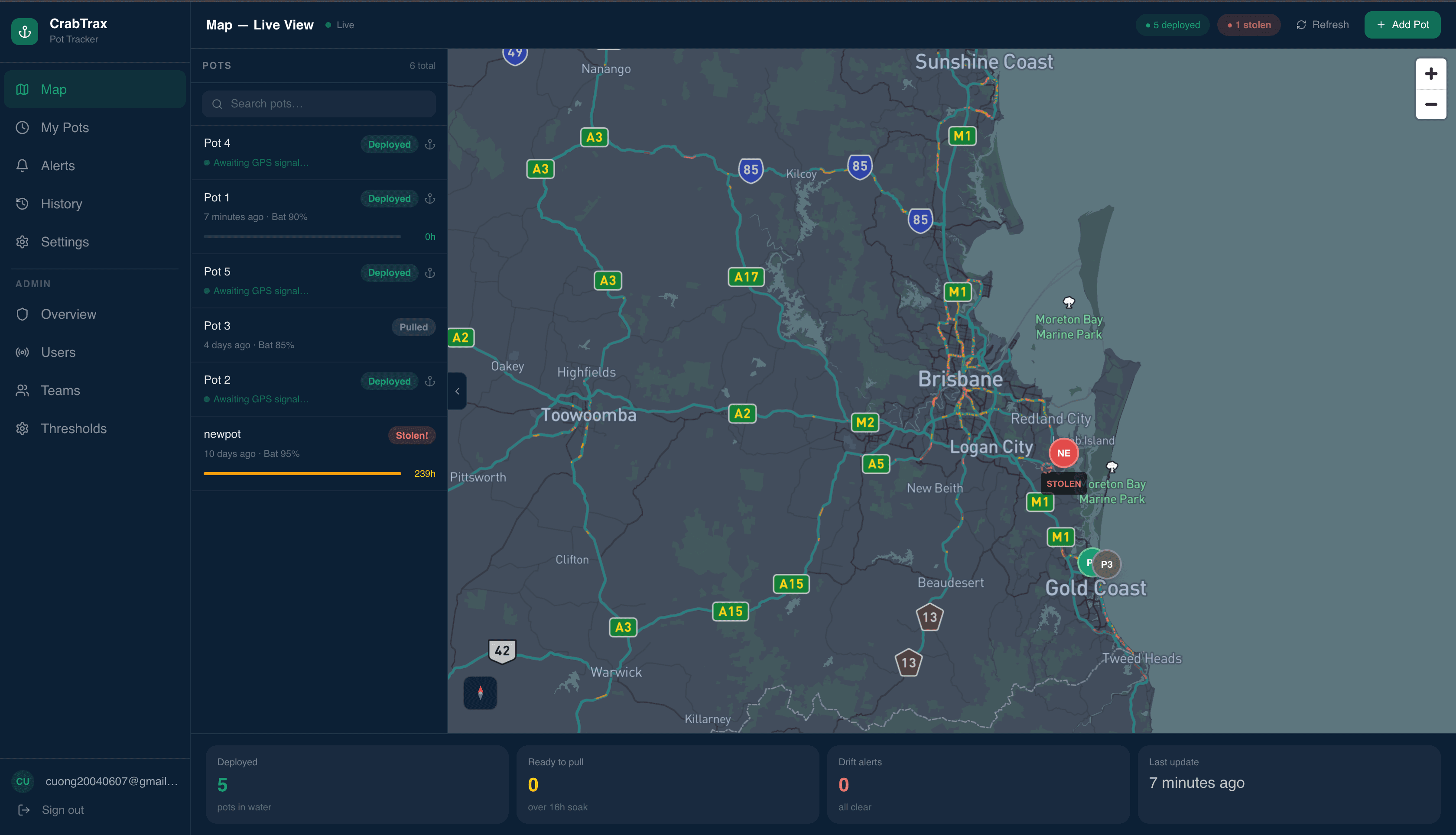 CrabTrax web dashboard — live fleet map